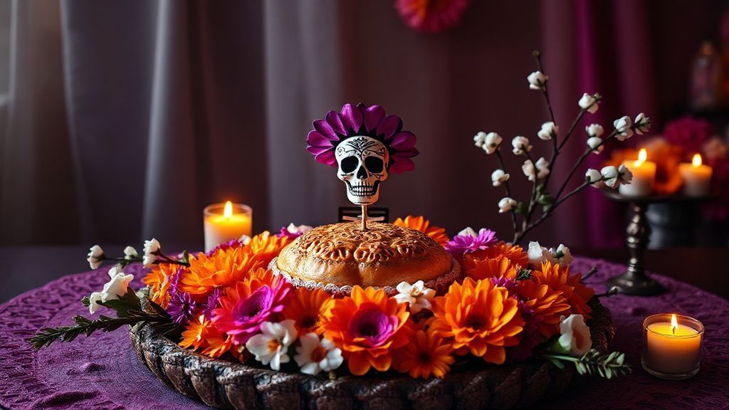 Autel traditionnel Dia de Muertos colore avec fleurs cempasuchil orange vif, pan de muerto en centre, calaveras de sucre peintes en violet et rose, bougies blanches allumees, papel picado colore flottant, photo noir blanc du defunt encadree, xoloitzcuintle en argile a la base