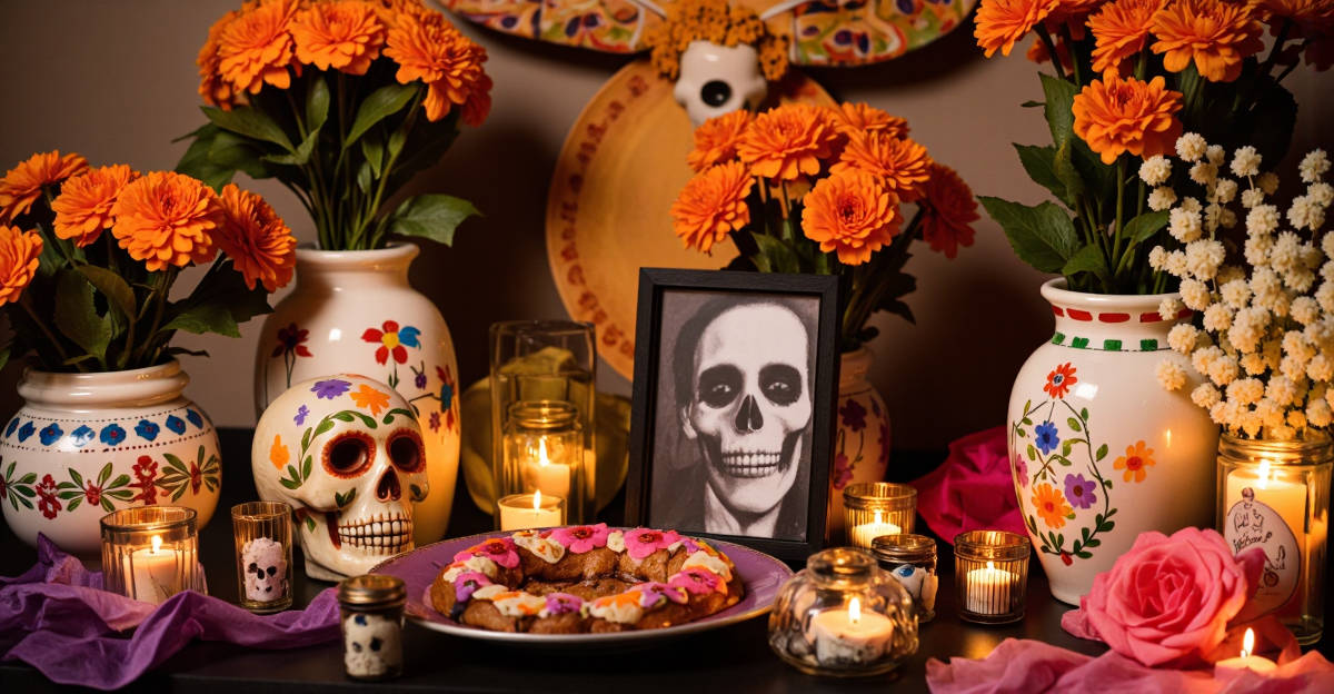 Ofrenda traditionnelle Día de Muertos avec fleurs cempasúchil, calaveras sucre, bougies et papel picado coloré