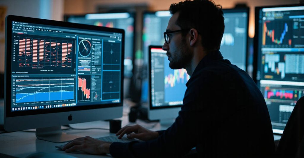 Linguiste analysant des données linguistiques sur ordinateur avec graphiques et interface TAL