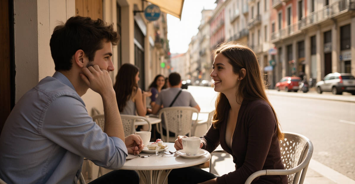 Couple flirtant à une terrasse de café en Espagne, utilisant des phrases de drague espagnol.