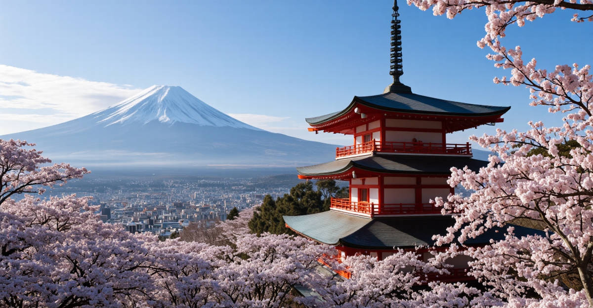 Paysage emblématique du Japon avec le mont Fuji, une pagode traditionnelle et des cerisiers en fleurs