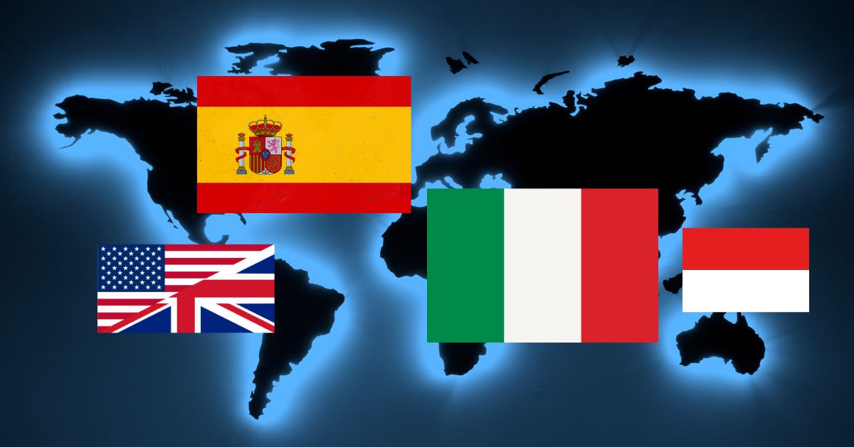 la langue la plus facile au monde à apprendre illustrée par une carte du monde avec des drapeaux de pays.