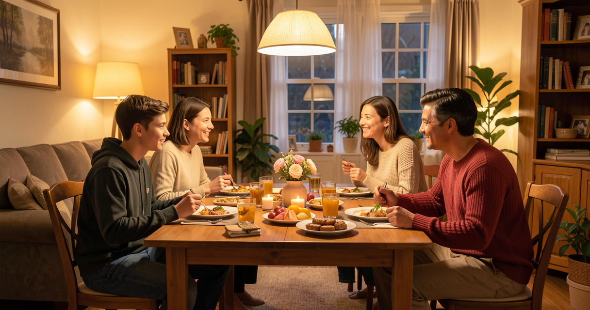 Étudiant en séjour linguistique EF partageant un repas avec sa famille d'accueil
