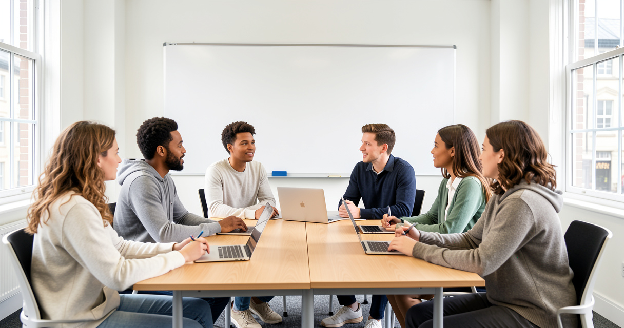 Adultes en formation d'anglais intensif dans une école à Londres pendant un séjour linguistique