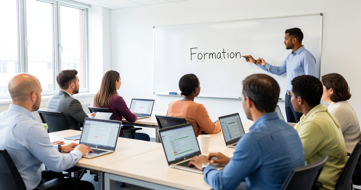 Professionnels en formation continue dans une salle de classe moderne, illustration du congé individuel de formation