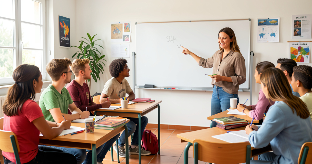 Étudiants internationaux en cours d'espagnol dans une école en Espagne, ambiance lumineuse et moderne.