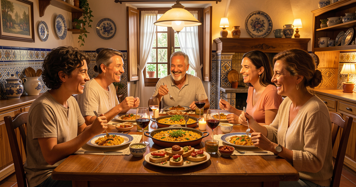 Repas en famille d'accueil lors d'un séjour linguistique en Espagne, immersion culturelle et conviviale.