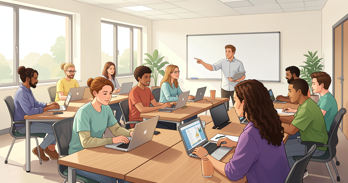 Salle de formation professionnelle avec apprenants utilisant leur compte personnel de formation