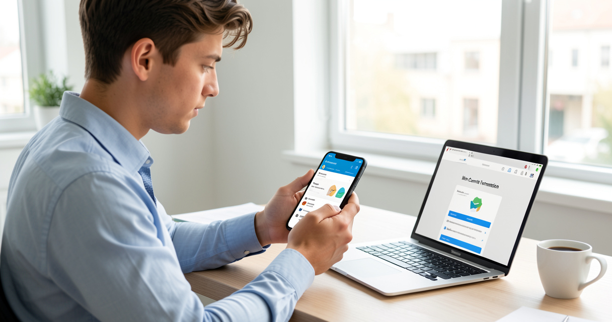 Personne utilisant l'application mobile Mon Compte Formation pour consulter son solde CPF, bureau moderne lumineux