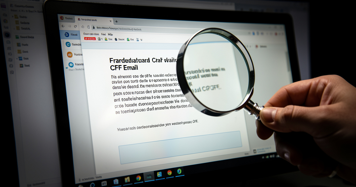Alerte visuelle contre les fraudes au CPF avec un écran d'ordinateur et une loupe, ambiance sécurisée