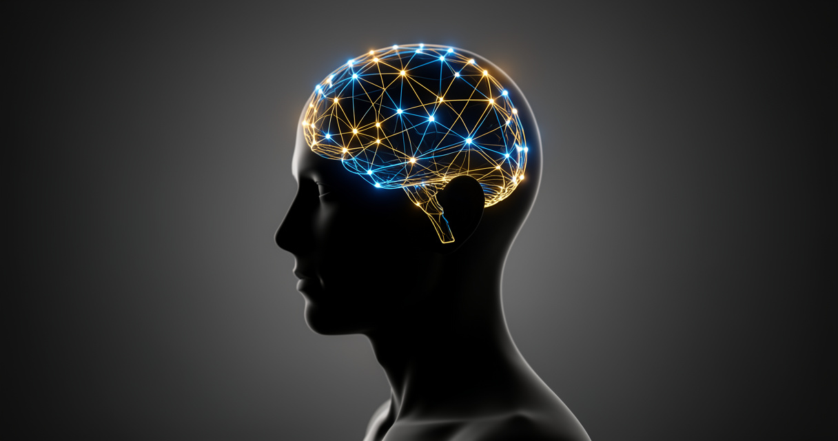 Réseau neuronal lumineux dans un cerveau humain, symbolisant l'apprentissage des langues avec l'IA