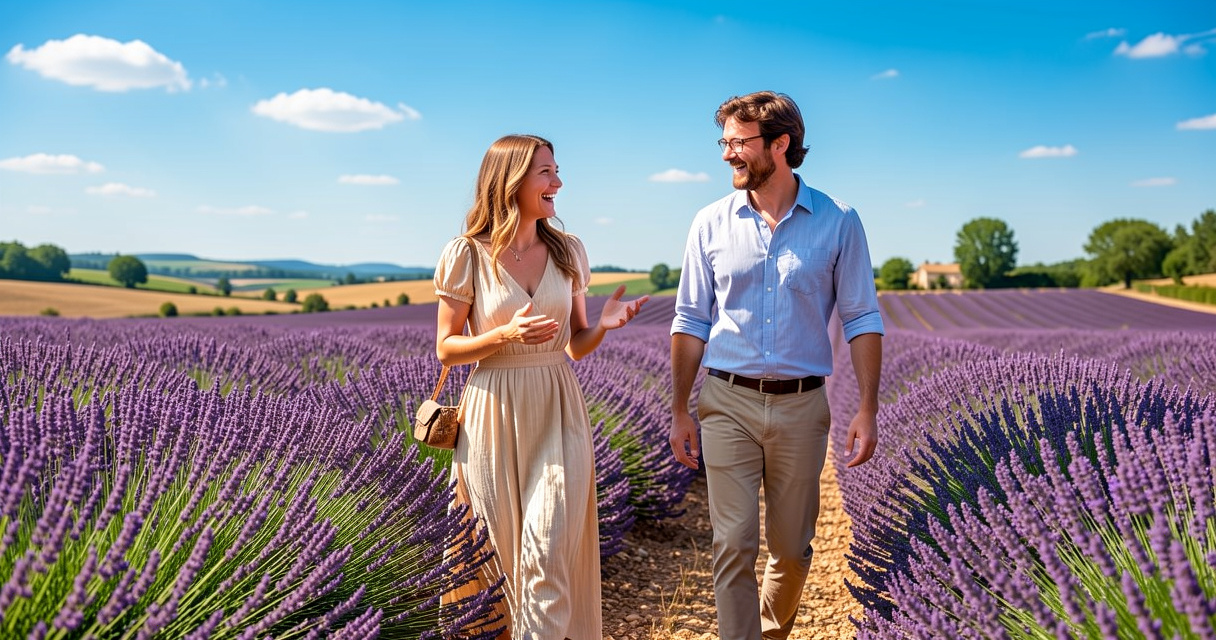 Femme adulte en immersion avec un couple anglais dans les champs de lavande en Provence