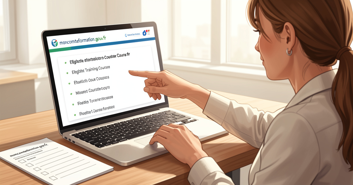 Recherche de formations éligibles CPF sur un ordinateur portable avec checklist