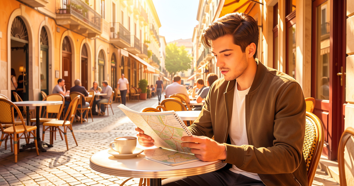 Jeune adulte en voyage linguistique à Barcelone étudiant un plan en terrasse