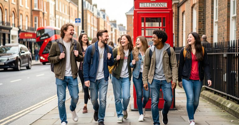 Groupe d'adolescents en séjour linguistique à Londres près d'une cabine téléphonique rouge
