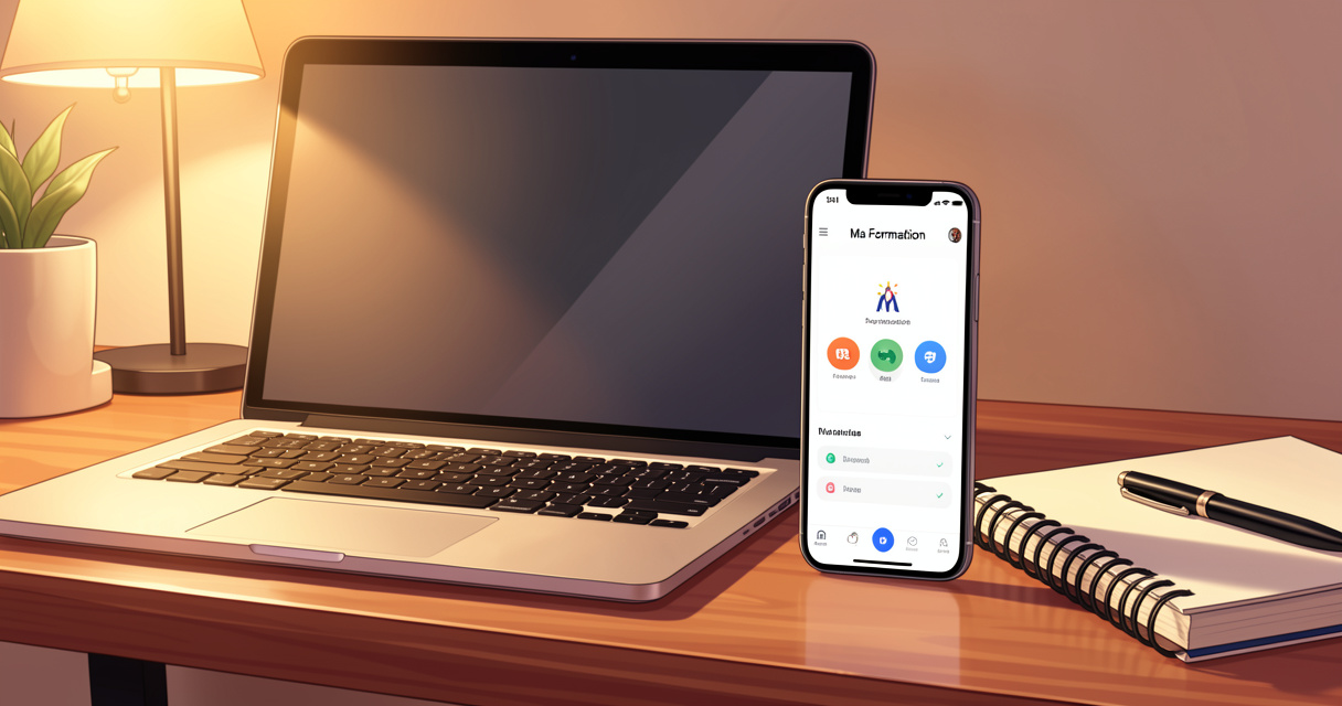 Bureau avec ordinateur et téléphone montrant l'app Ma Formation pour trouver une formation professionnelle