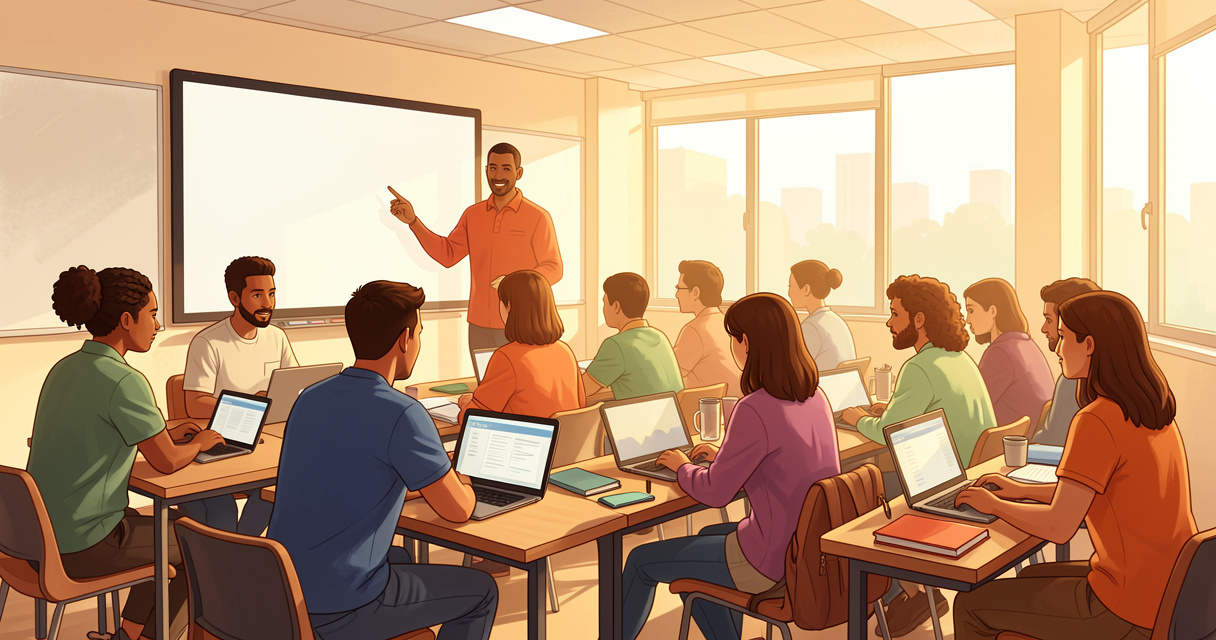 Groupe d’adultes en formation professionnelle avec formateur en salle de cours