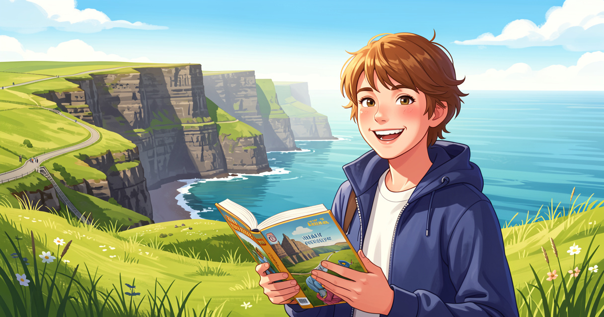 Jeune étudiant souriant devant les falaises de Moher pendant un séjour linguistique en Irlande