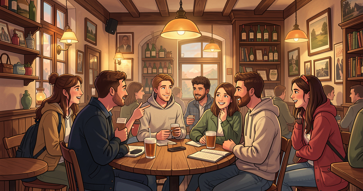 Étudiants internationaux discutant dans un pub irlandais typique lors d'une immersion linguistique