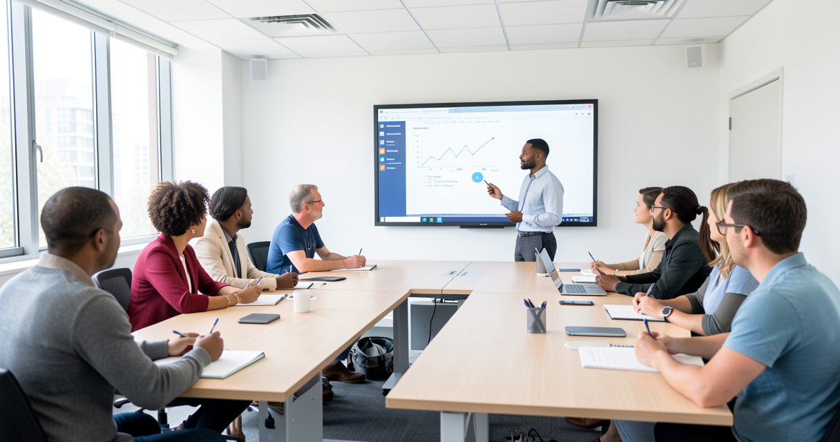 Groupe d'adultes en formation continue dans une salle de classe moderne