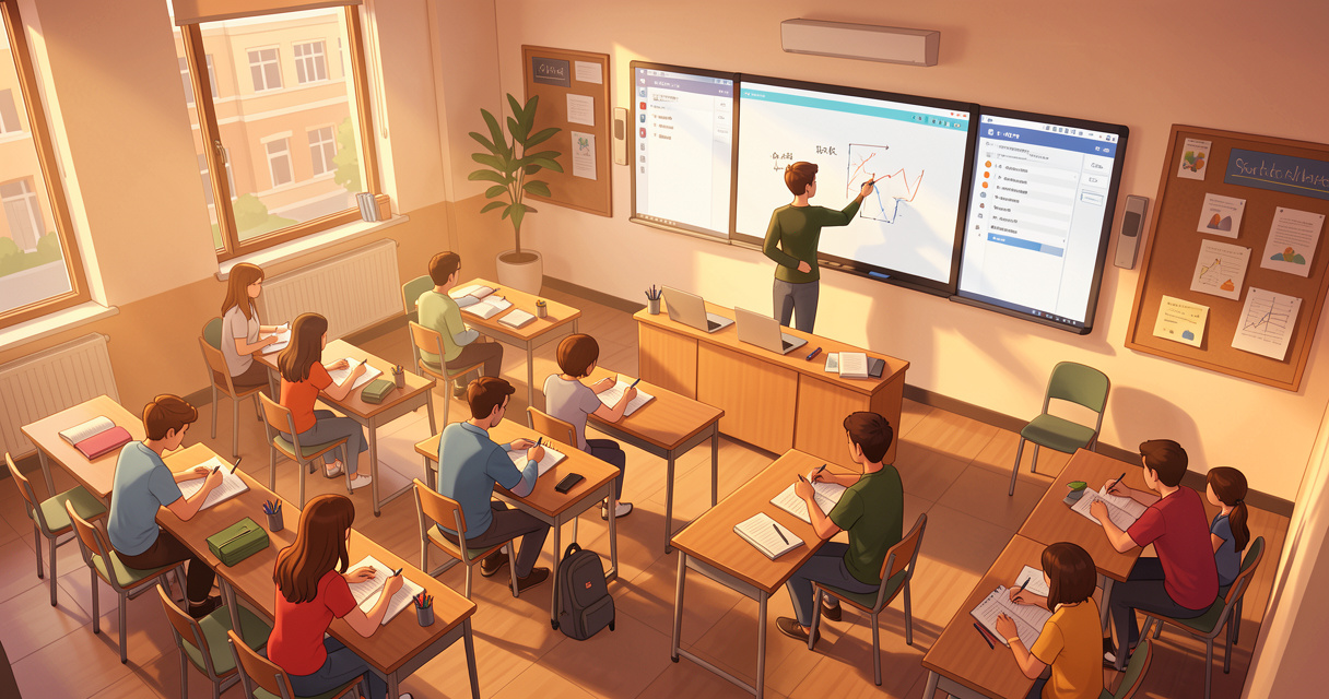Salle de classe moderne d'un campus EF avec professeur et élèves travaillant sur leurs cours de langue