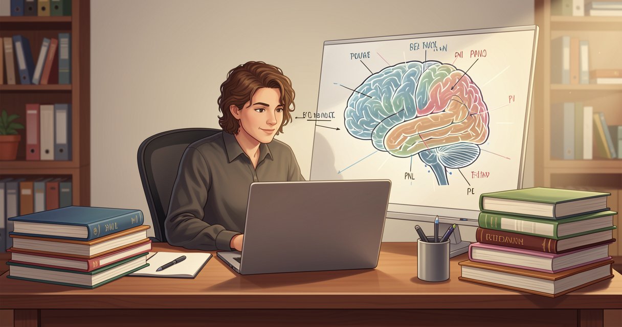 Participant suivant une formation en programmation neuro linguistique avec un diagramme du cerveau sur l'écran