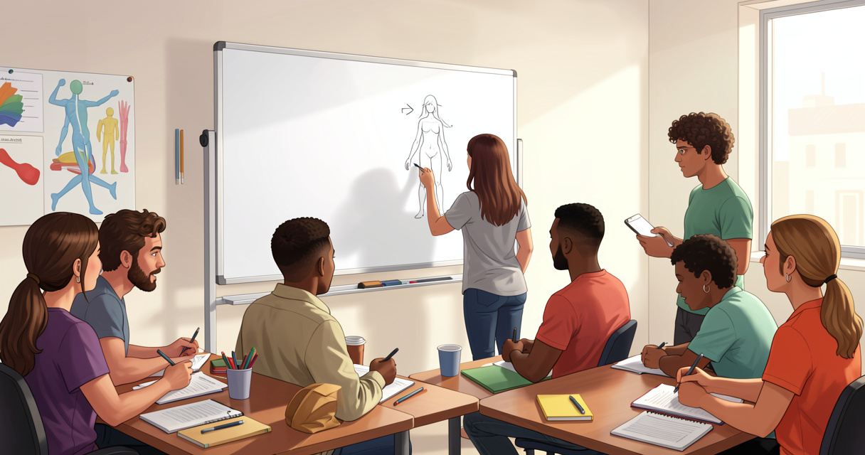 Groupe en formation PNL analysant un schéma de communication lors d'un atelier en présentiel
