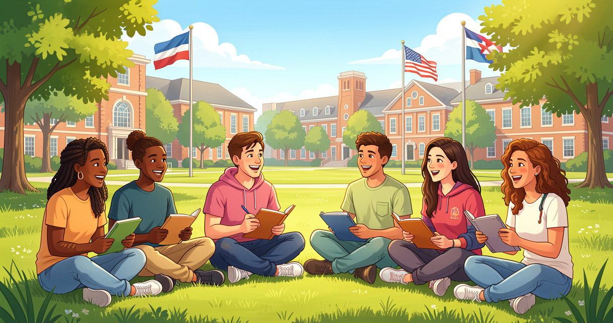 Groupe d'adolescents heureux lors d'un séjour linguistique ado en immersion sur un campus universitaire