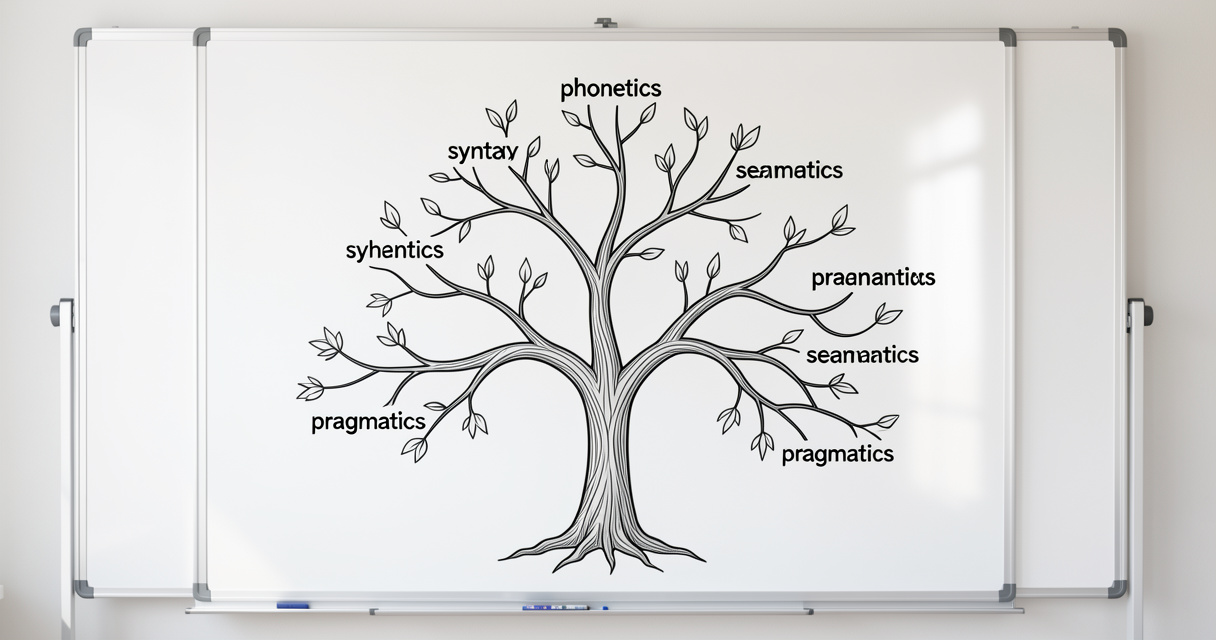 Schéma arborescent des branches de la linguistique : phonétique, syntaxe, sémantique, pragmatique