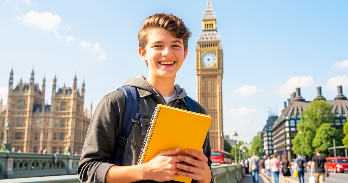 Adolescent souriant devant Big Ben lors d'un séjour linguistique à Londres
