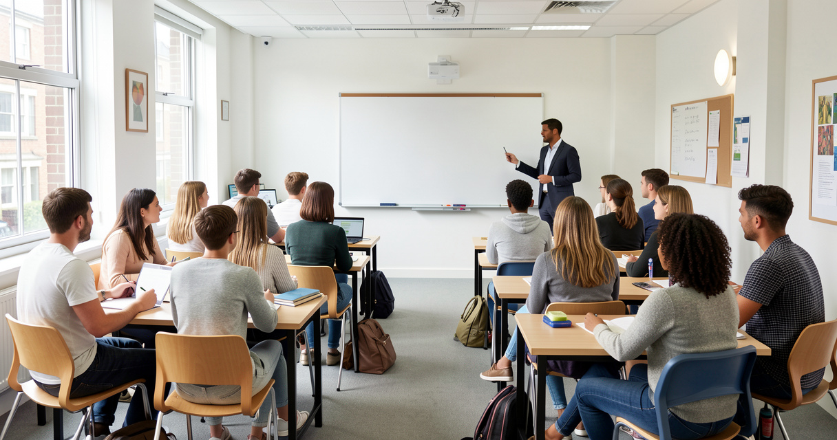 Cours d'anglais en groupe dans une école moderne à Londres pour adultes