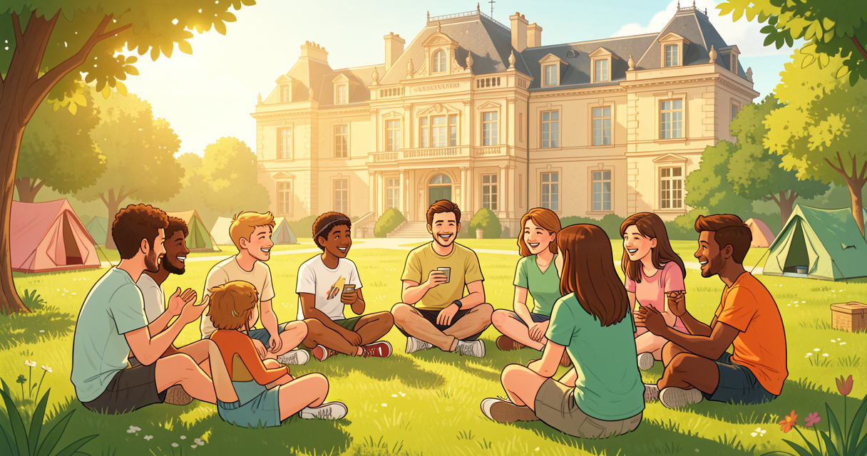 Groupe d'adolescents en Summer Camp anglais en France, cours en extérieur près d'un château