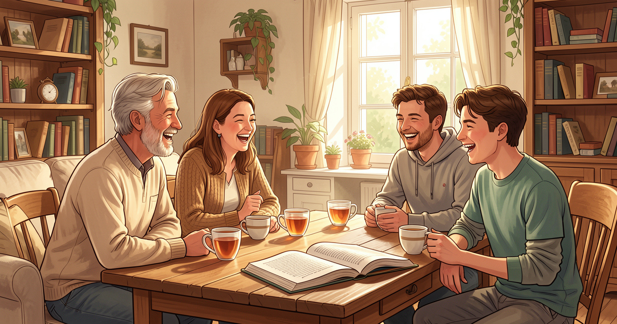 Famille d'accueil anglaise partageant un moment convivial autour d'un cours d'anglais en France