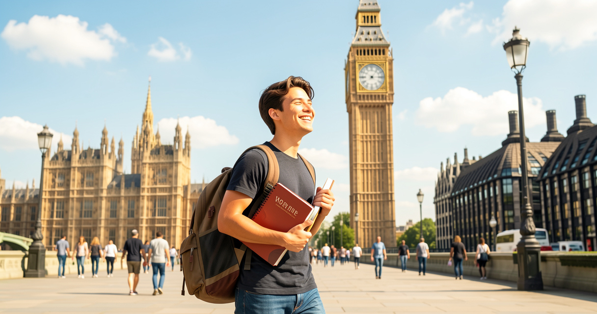 Un étudiant souriant devant Big Ben pendant un séjour linguistique à Londres