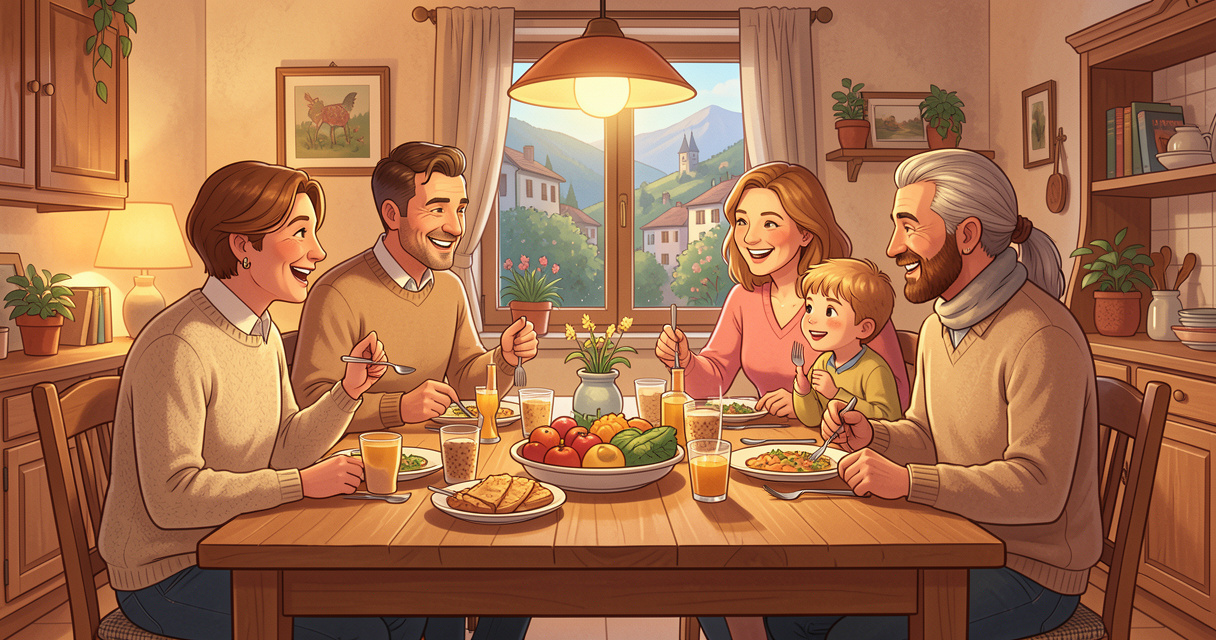 Famille lors d'un séjour linguistique en famille d'accueil à l'étranger partageant un repas