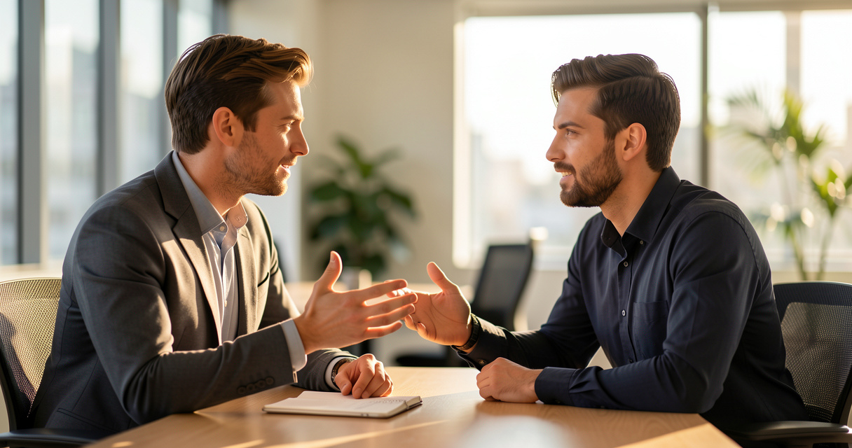 Praticien PNL en séance de coaching avec un client expliquant les techniques de communication