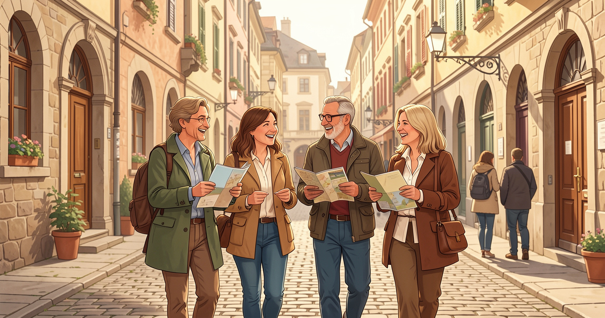 Groupe d'adultes en séjour linguistique explorant une ville historique pour pratiquer la langue