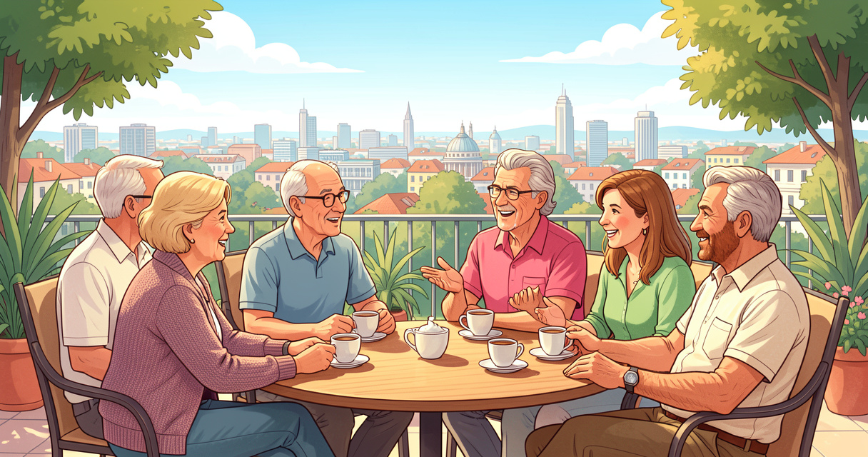 Groupe d'adultes discutant en terrasse pendant un séjour linguistique immersion sociale
