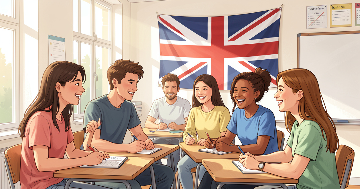 Groupe d'adolescents souriants en cours d'anglais à Londres - séjour linguistique ado
