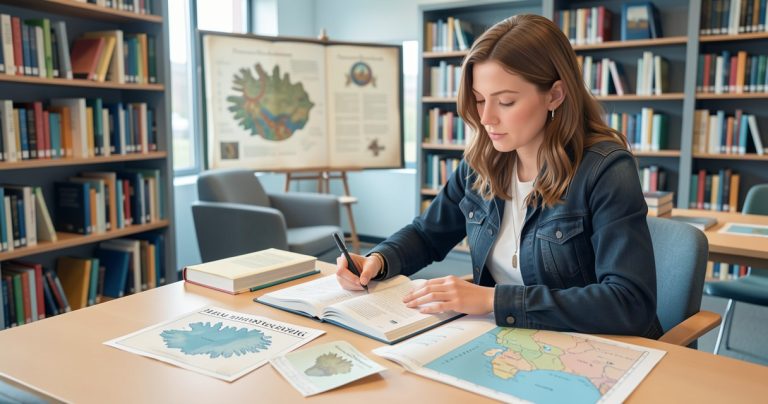 Apprenante étudiant l’islandais avec un manuel de grammaire et des manuscrits en arrière-plan