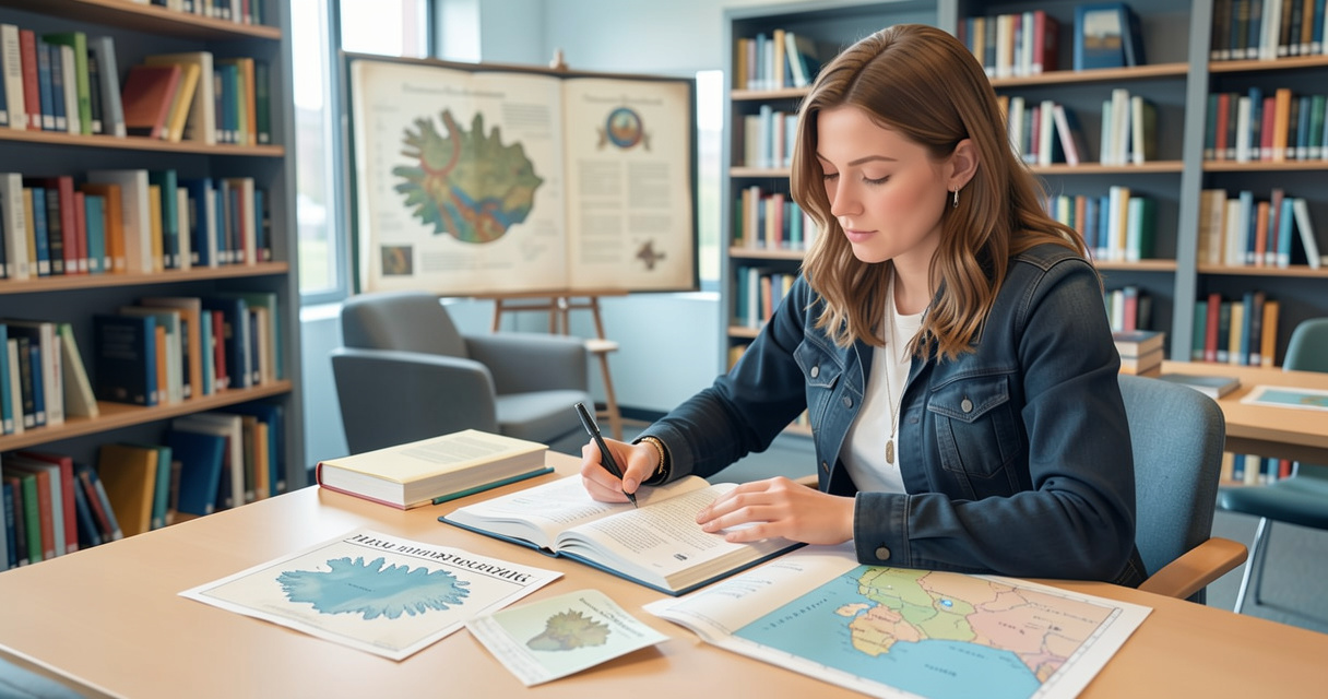 Apprenante étudiant l’islandais avec un manuel de grammaire et des manuscrits en arrière-plan