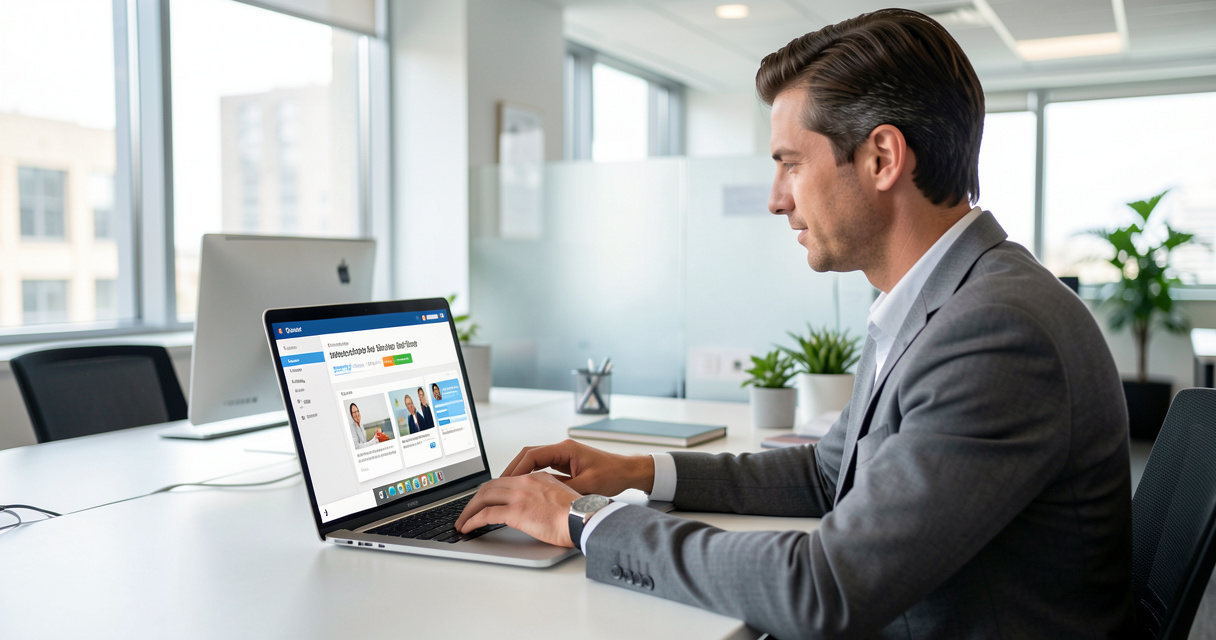 Professionnel en train d'apprendre l'anglais de bureau sur son ordinateur avec un parcours de formation en ligne
