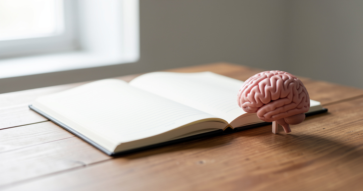 Psycho neuro linguistique définition simple, carnet ouvert et modèle de cerveau sur un bureau
