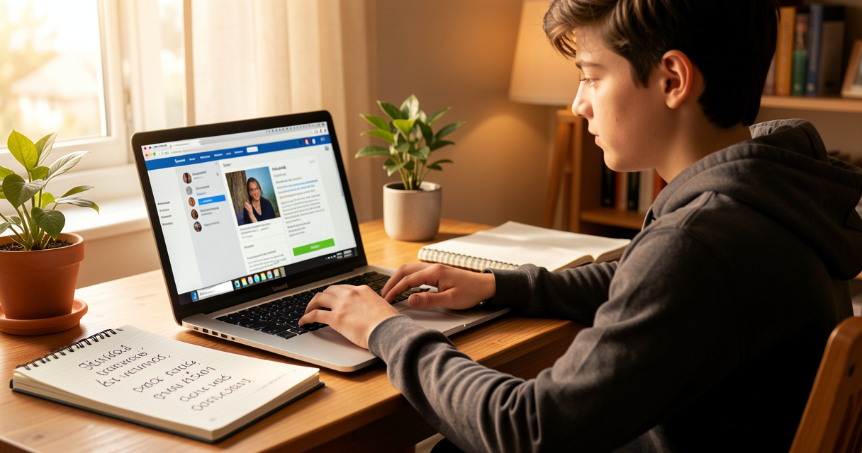 Étudiant suivant une formation espagnol en ligne sur un ordinateur, cahier ouvert
