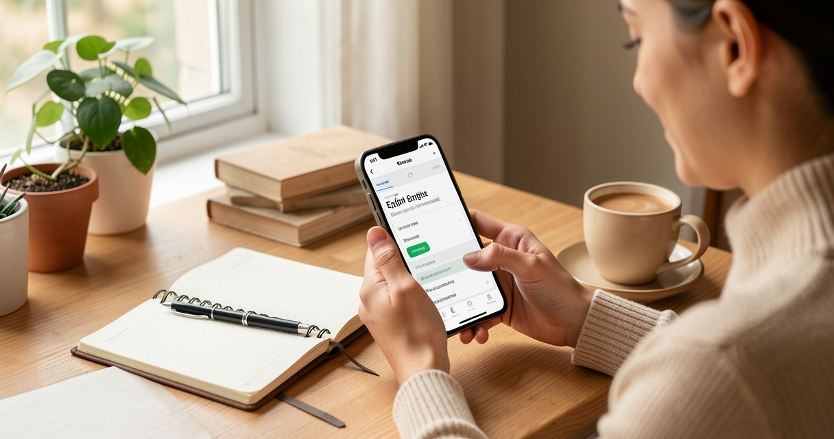 Une personne dans un bureau confortable apprenant l'anglais seul a la maison avec une application mobile et un carnet de notes