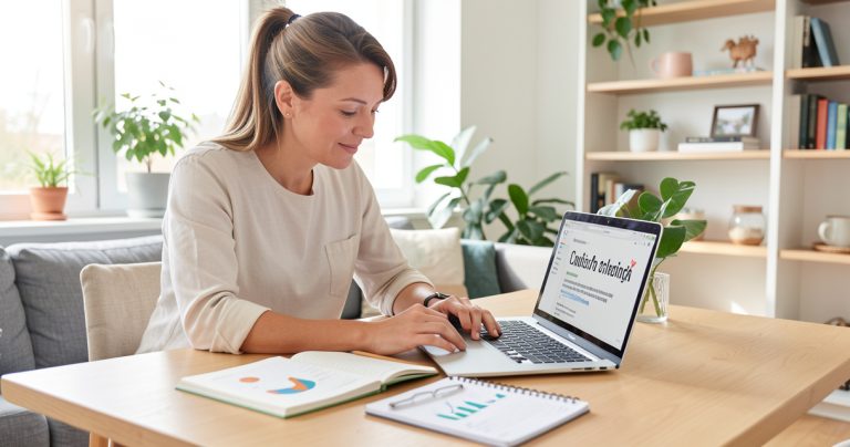 Apprenant travaillant son anglais professionnel sur ordinateur portable à domicile