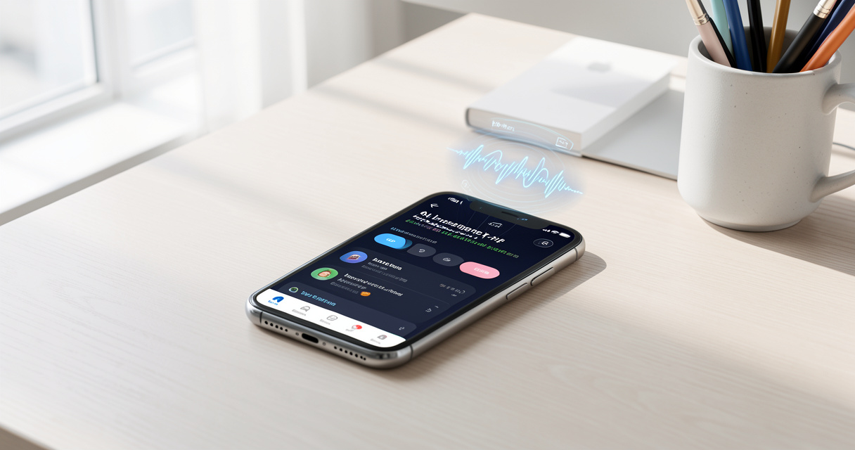 Smartphone affichant une application d'apprentissage de l'anglais par intelligence artificielle sur un bureau moderne.