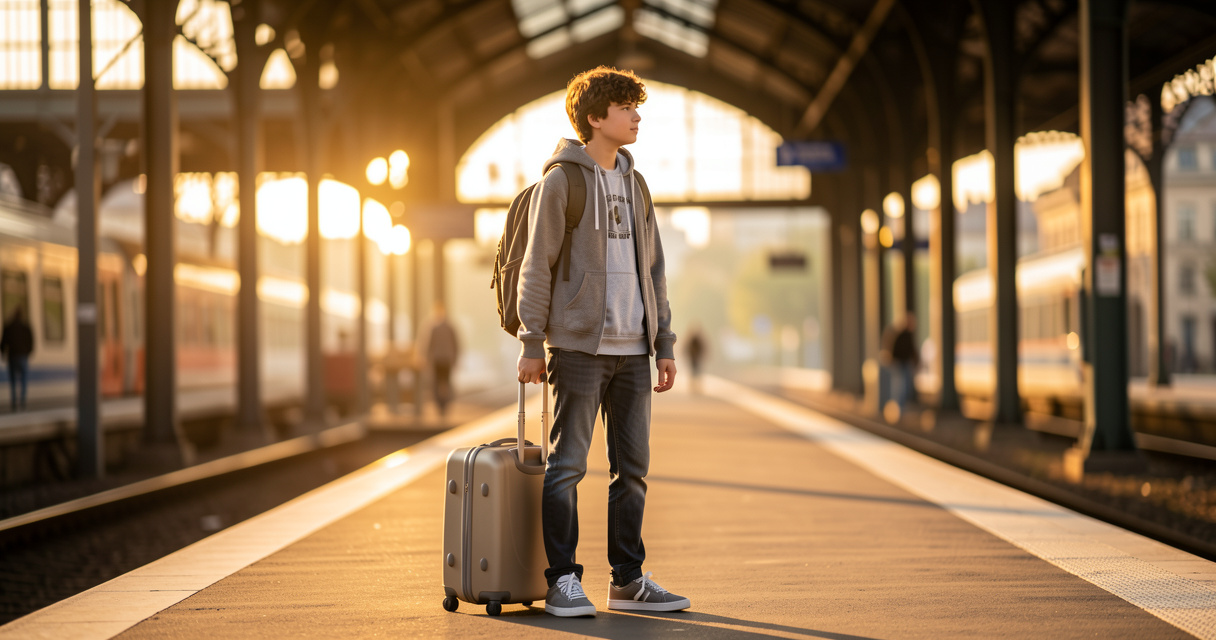 Échange linguistique : adolescent prêt à partir sur le quai de gare