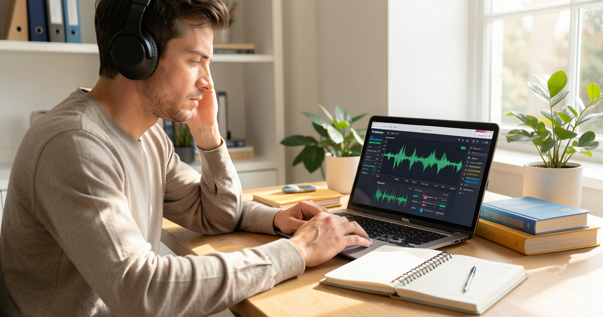 Apprenant adulte pratiquant l'anglais à domicile avec des outils audio et une méthode scientifique