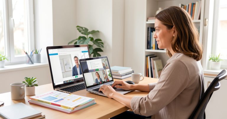 Professionnelle suivant une formation d’anglais à distance sur ordinateur